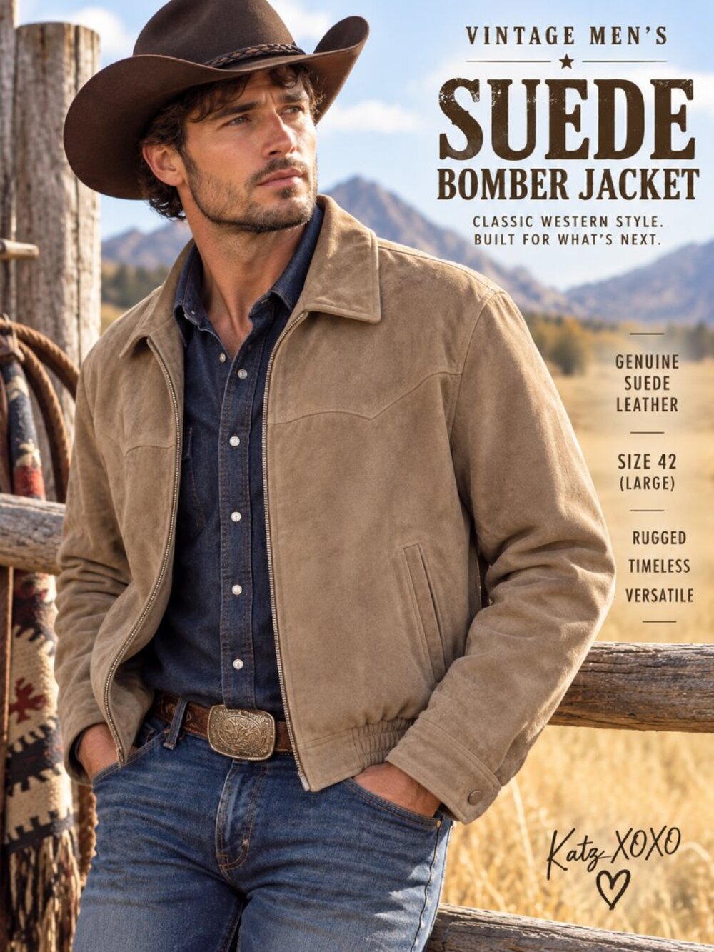 Vintage Mens Suede Bomber Jacket 42 Western Cowboy Ranchwear Taupe Leather Coat